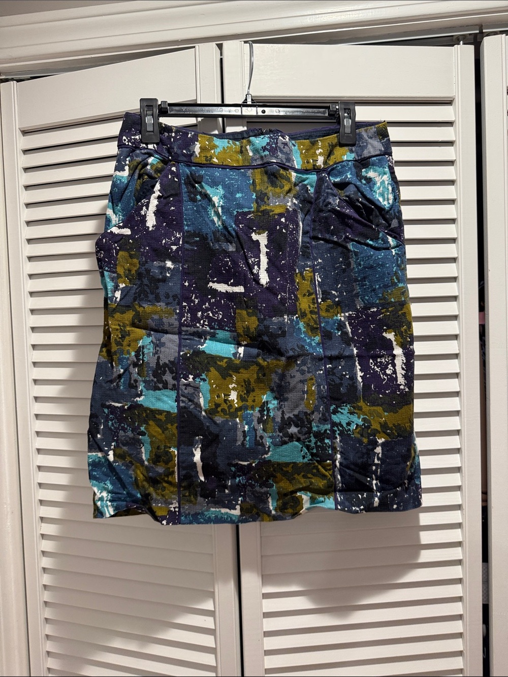 Anthropologie Abstract Brushstroke Pencil Skirt in Teal, Olive & Navy